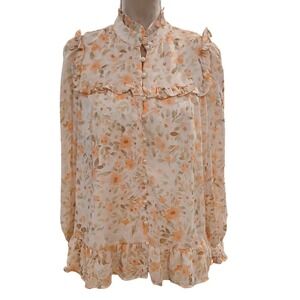 CeCe Floral Print Ruffle Front Blouse Womens Medium Pink Victorian Romantic